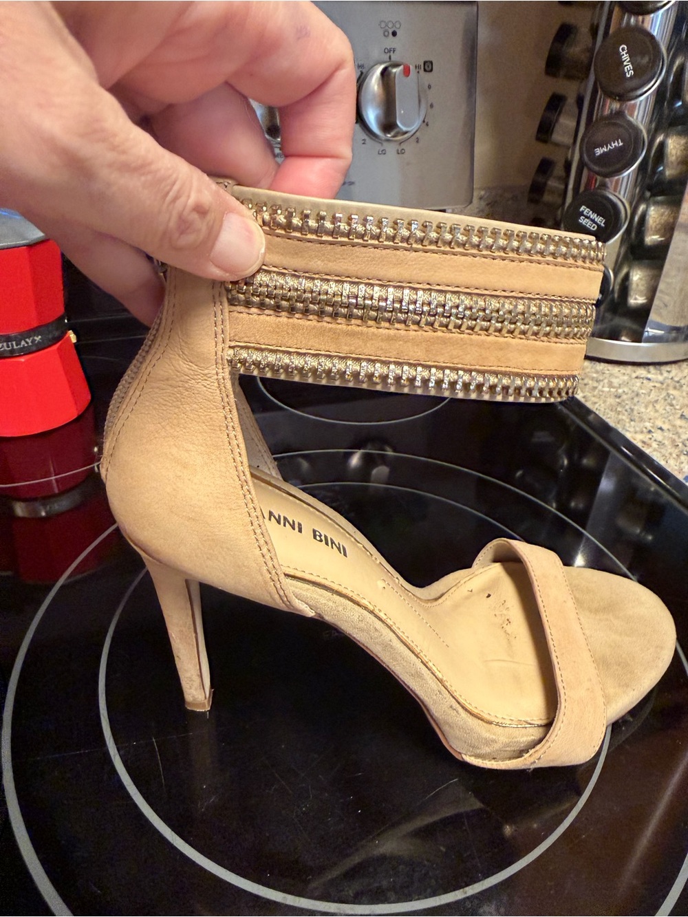 Gianni Bini Nude Tan Ankle-Strap Stiletto Sandals with Metallic Trim